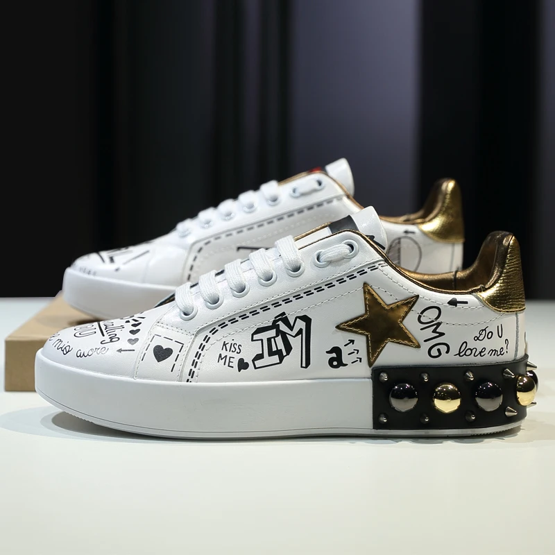 

Women Sneakers Low Top Rivets Embellished Woman Casual Shoes Embroidered Women Flats Lace Up Leather Shoes Graffiti Decor Shoes