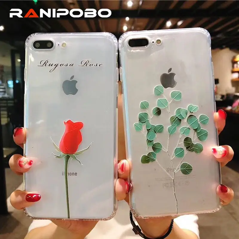 

3D Case For iPhone 6 7 8 plus X Anti-knock Clear Case Leaf Cute Plant Flower Drop Protection Phone Cases For iPhone6 Case Coque