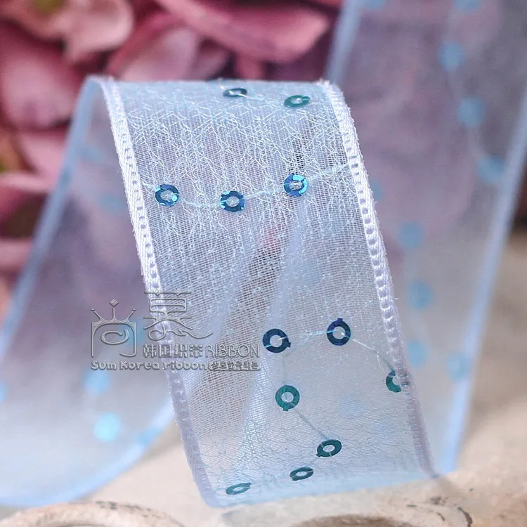 100yards 25mm 38mm glitter polka dots korean wired organza sheer ribbon for wedding decorative supplies flower packing ribbon - Цвет: sky blue