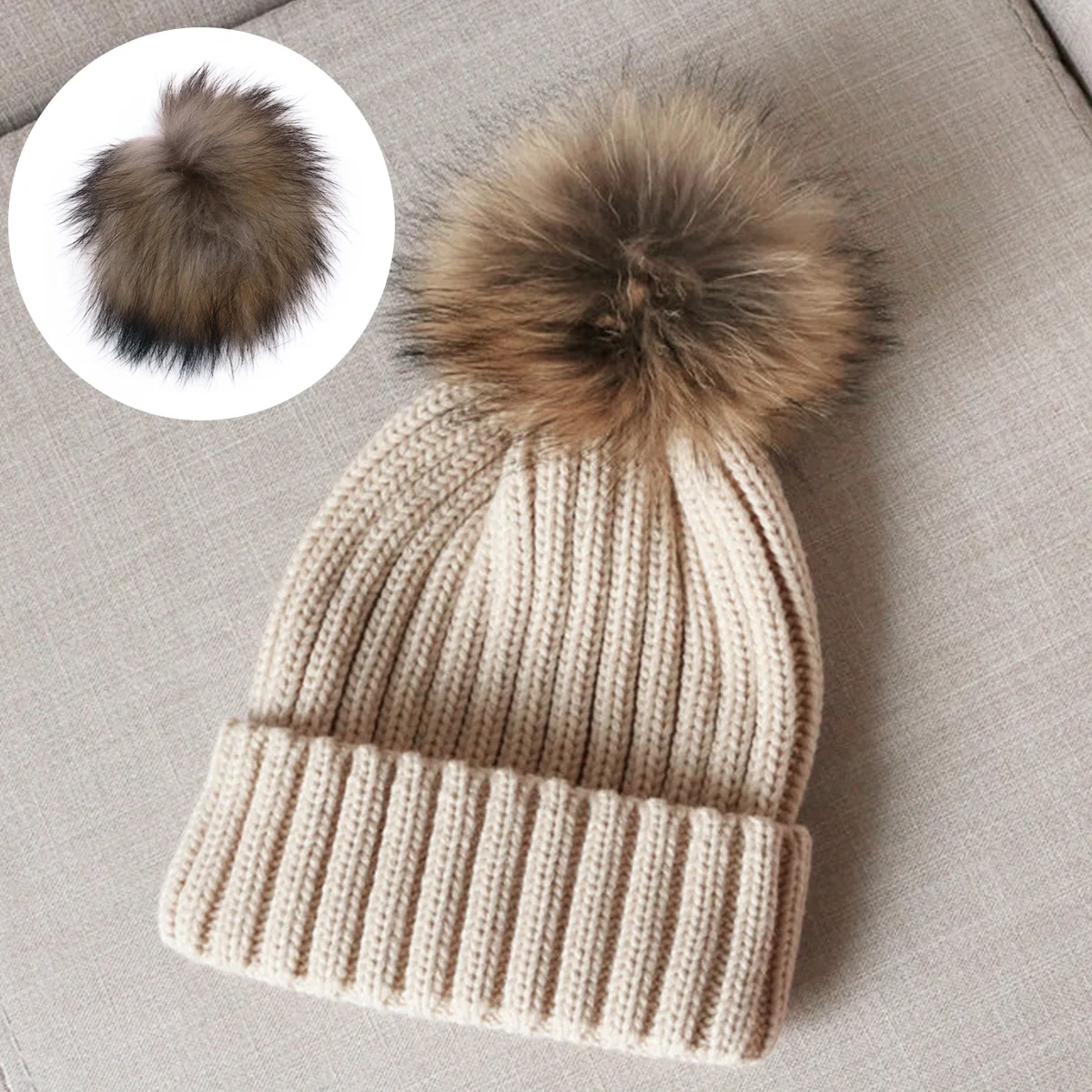 with snap fur pom pom with Button Snap Fur Raccoon Natural Ball Fluffy Pom Pom