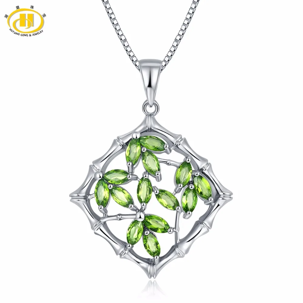 

Hutang Solid 925 Sterling Silver 2.13ct Natural Gemstone Chrome Diopside Bamboo Pendant & Necklace Fine Jewelry For Women