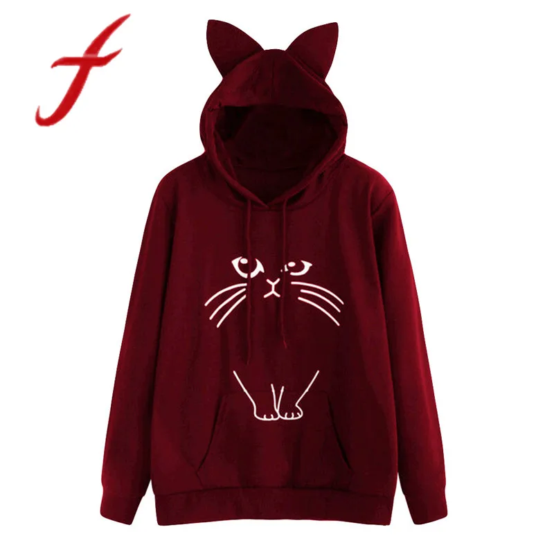 Feitong Autumn Womens Cat Print Sweatshirt Cute Girls Causal Hoodie