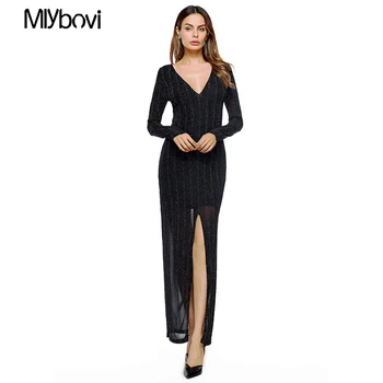 

Black Women Elegant Office Lady Dress V Neck Sexy Split Dress Long Sleeve Natural Waist Solid Dress Autumn Women Knitted Dresses