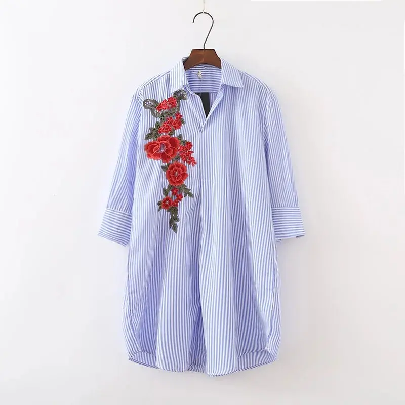 2018 women vintage red flower embroidery patch striped long shirt ...