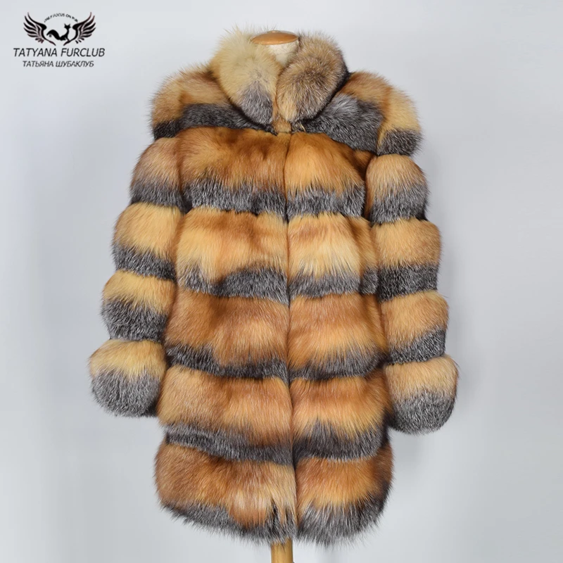 

Tatyana Furclub Real Fox Fur Coat Natural Gold & Sliver Fox Fur Coat Girl Fashion Casual Fox Fur Jacket With Turn Down Collar