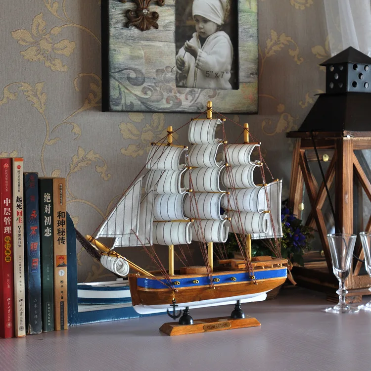 30cm Wooden Ship Model Nautical Decor Home Crafts Miniatur Marine Blue