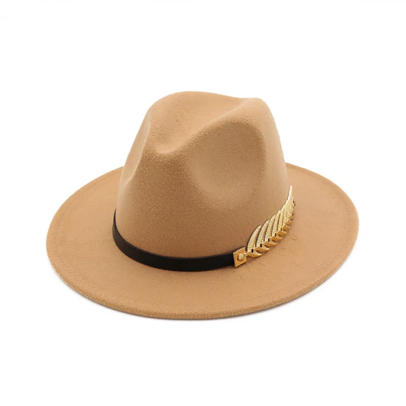 QBHAT Trend Men Women Wool Felt Panama Hat Fedora Caps with Metal Leaves Leather Band Jazz Trilby cap white green yellow hats felt fedora hat Fedoras