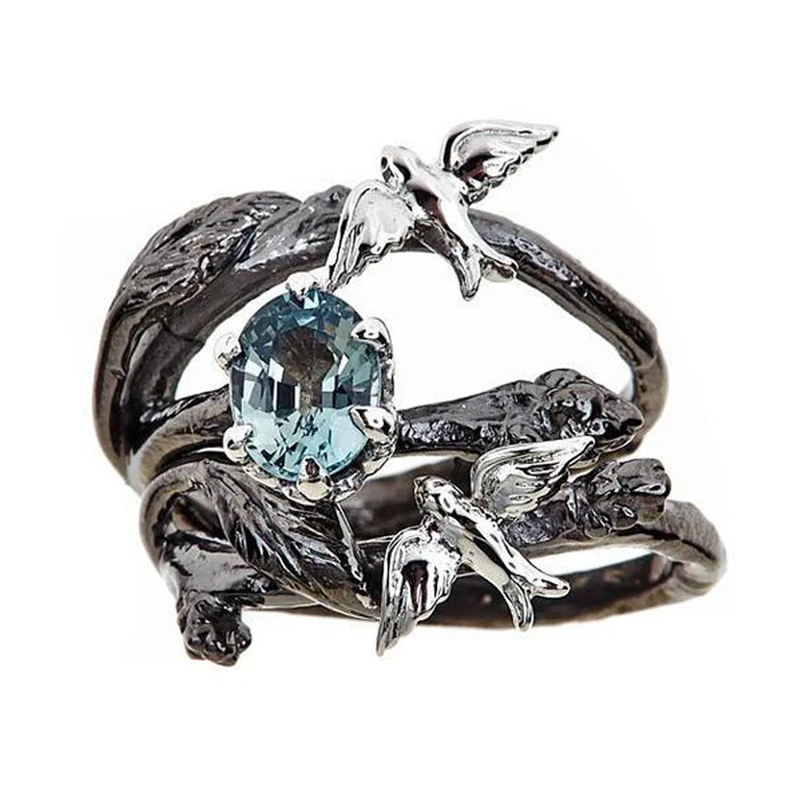 

Black Fashion Rings for Girls Women Best Friend Ring Multilayer Rings anillos Blue Crystal Tree Birds bague femme Jewelry Z4