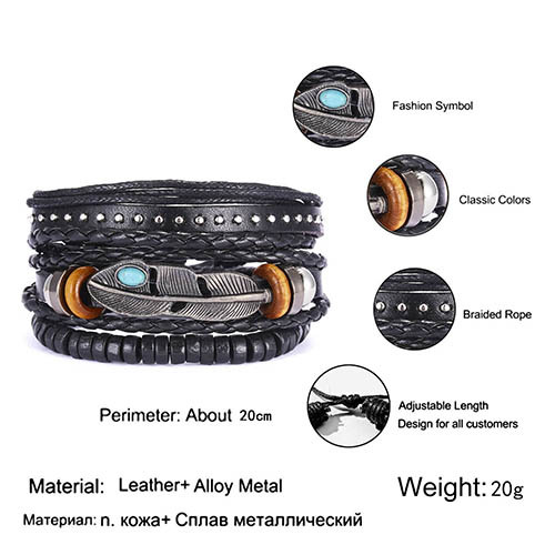 Men Vintage Leaf Feather Multilayer Leather Bracelet Fashion Handmade Braided Rope Wrap Bracelets & Bangles Male Gift