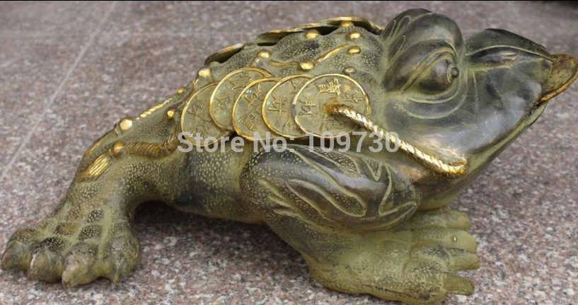 

001836 20" Marked Chinese Bronze Gilt Wealth Money Jin Chan Cicada Spittor Coin Statue