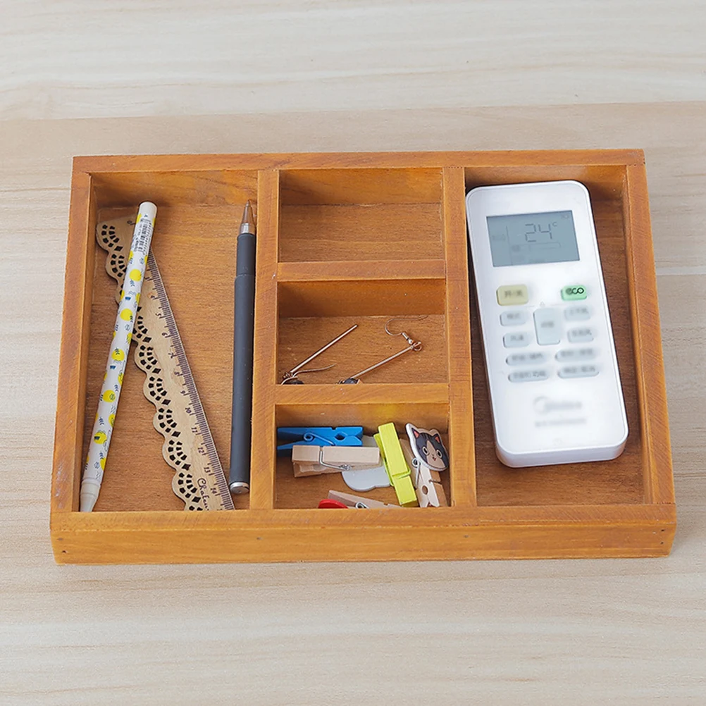 

Vintage 5-grid Wooden Desktop Storage Box Cosmetics Sundries Storage Tray Tableware Organizer Remote Control Storage Box