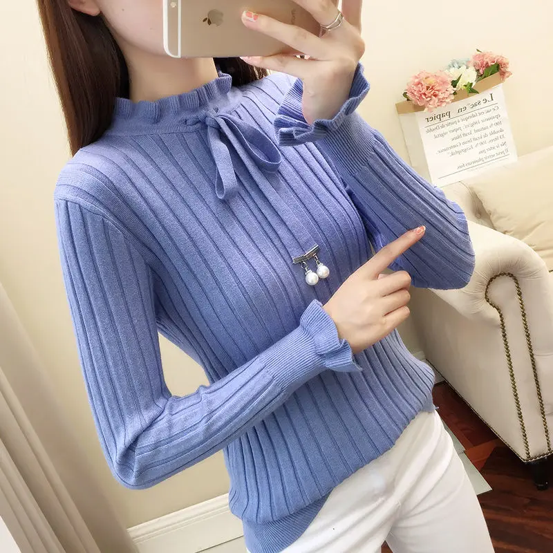 Casual Spring Slim Sweater Winter Knitted Sweater New Lace Up Flare Long Sleeve Ruffle Knitting Pullover Women Sweaters