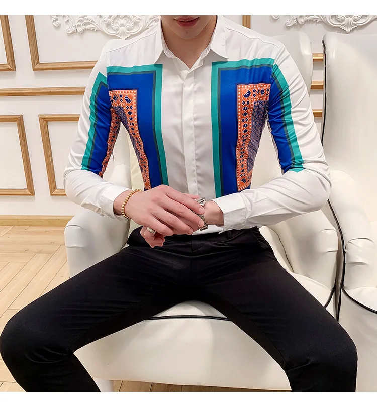 2019 мужские рубашки с длинным рукавом принт повседневное Slim Fit платье рубашки для мальчиков пикантные вечерние Клубные ночной бар одежда