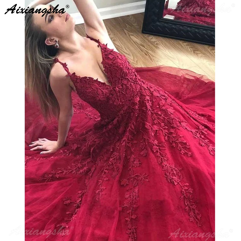 

Sexy Burgundy Prom Dresses 2019 A-Line Lace Appliques Graduation Party Maxys Long Prom Gown Evening Dresses