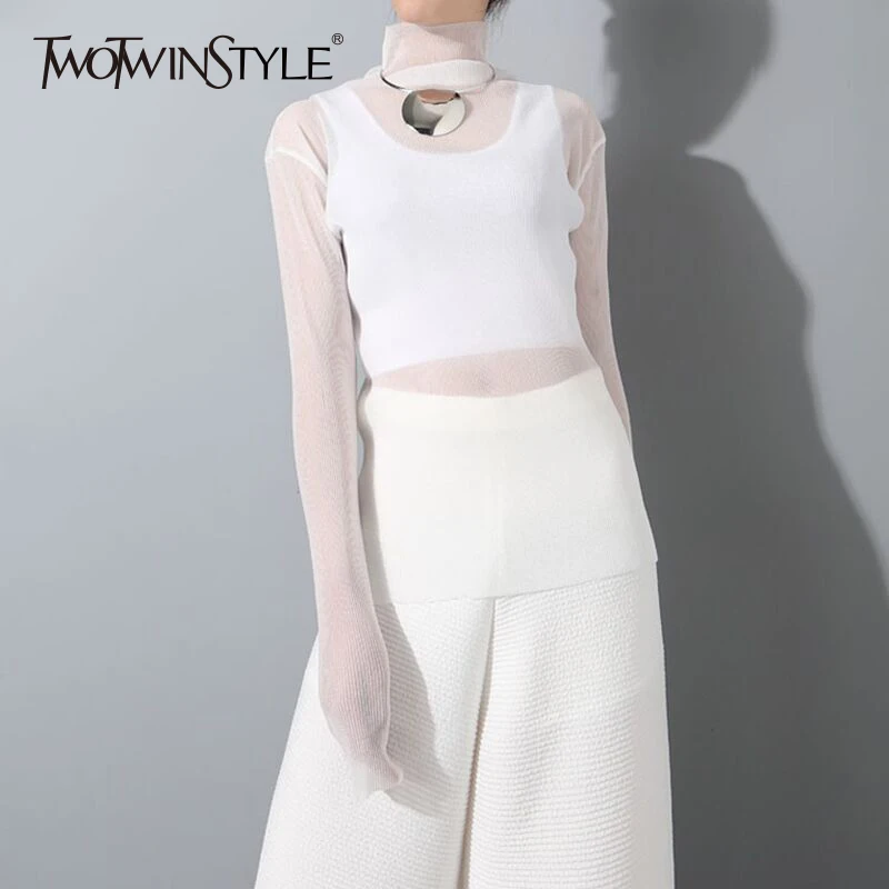 

TWOTWINSTYLE Pleated Female T Shirts For Women Top Knitting Pullovers Perspective High Collar T shirts Winter Clothes Fashion