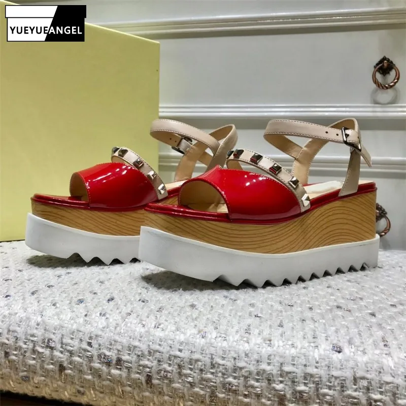 

Real Leather Women Sandals High Heels Platform Wedges Sandals Shoes For Women Platform 0pen Toe Rivet Sandals Shoes Mixed Colors