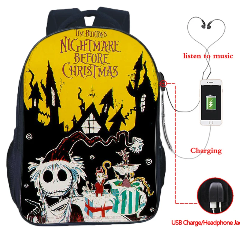 The Nightmare Before Christmas Backpack USB Charging Backpack Jack Skellington School Bag Backpacks Multifunctional Travel Bags - Цвет: 12