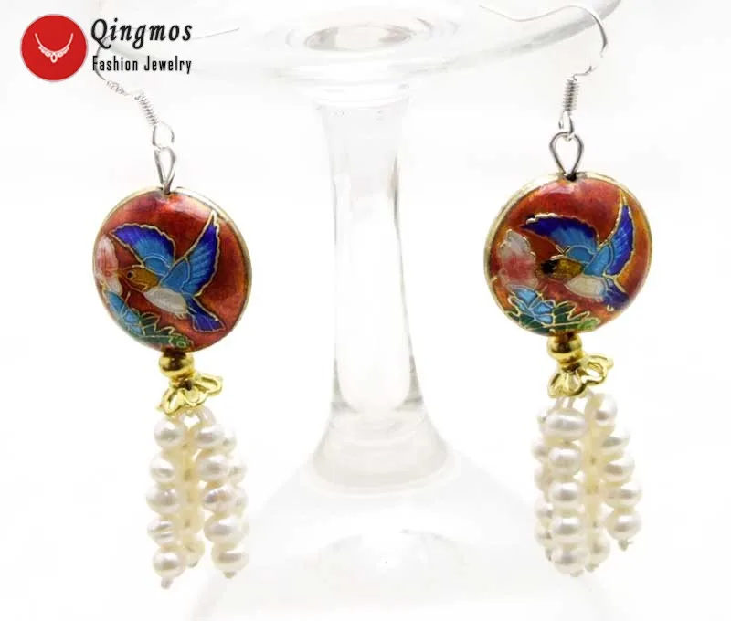 

Qingmos 4-5mm Natural White Pearl Earrings for Women with Red Cloisonne Coin Beads & Cloisonne Hummer Dangle 2.5'' Earring 586