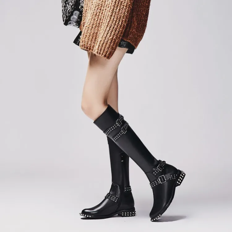 Autumn Winter Véritable À Black Métal Nubuck Faible Avec Hiver leather Moto Chaussures Bottes nubuck Femme Rivet Long Cuir Zipper Luxe Gladiateur Boot Autumn Winter De Femelle leather En 1qgwEf