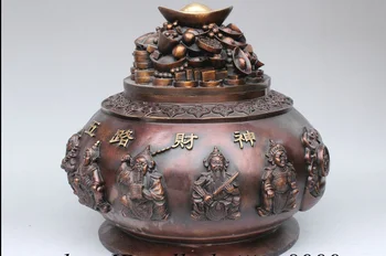 

zhmui88002718<+FengShui China Bronze Wealth Fish 5 Mammon God Statue treasure Bowl Box 001