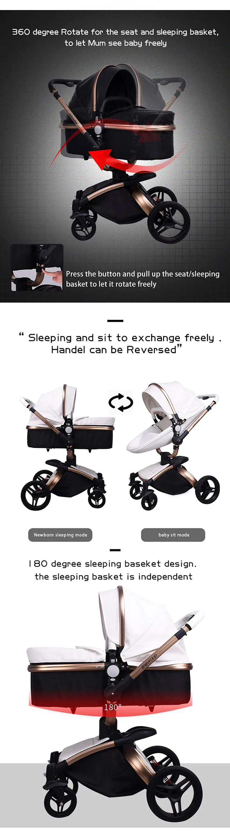 Брендовая детская коляска для новорожденных Babyfond 3 в 1, Роскошная детская коляска из искусственной кожи, двусторонняя детская коляска с поворотом на 360