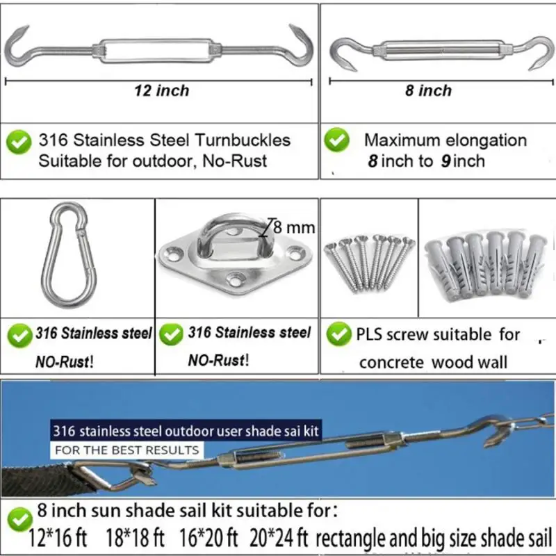 MagiDeal 316 Stainless Steel Hardware kit for Sun Shade Sail Installation Canopy Hardware Kits Set Mounting Screw