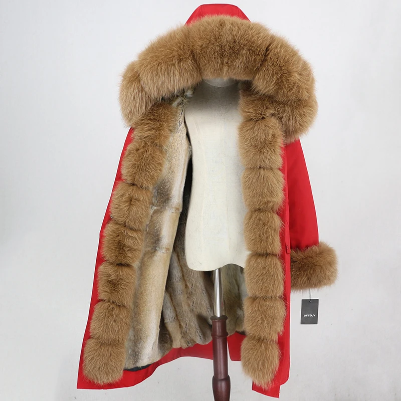 red brown OFTBUY Водонепроницаемая парка X-long натуральное меховое пальто зимняя куртка женская натуральный Лисий мех воротник капюшон Подкладка из натурального кроличьего меха уличная одежда - Цвет: red brown