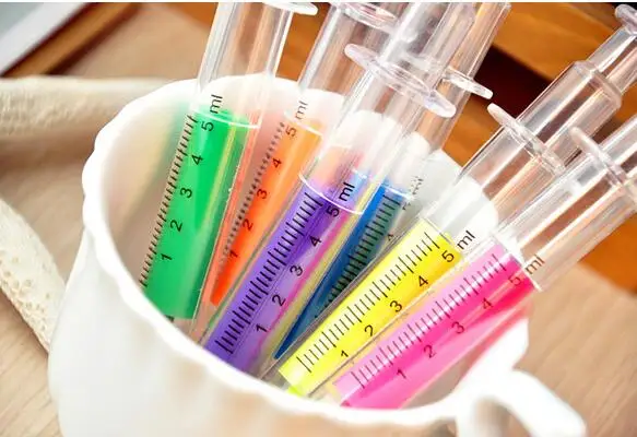 

6pcs/lot New Highlighter Pen Stationery Syringe Highlighter Fluorescent Needle Tube Watercolor Nite Writer Pen new