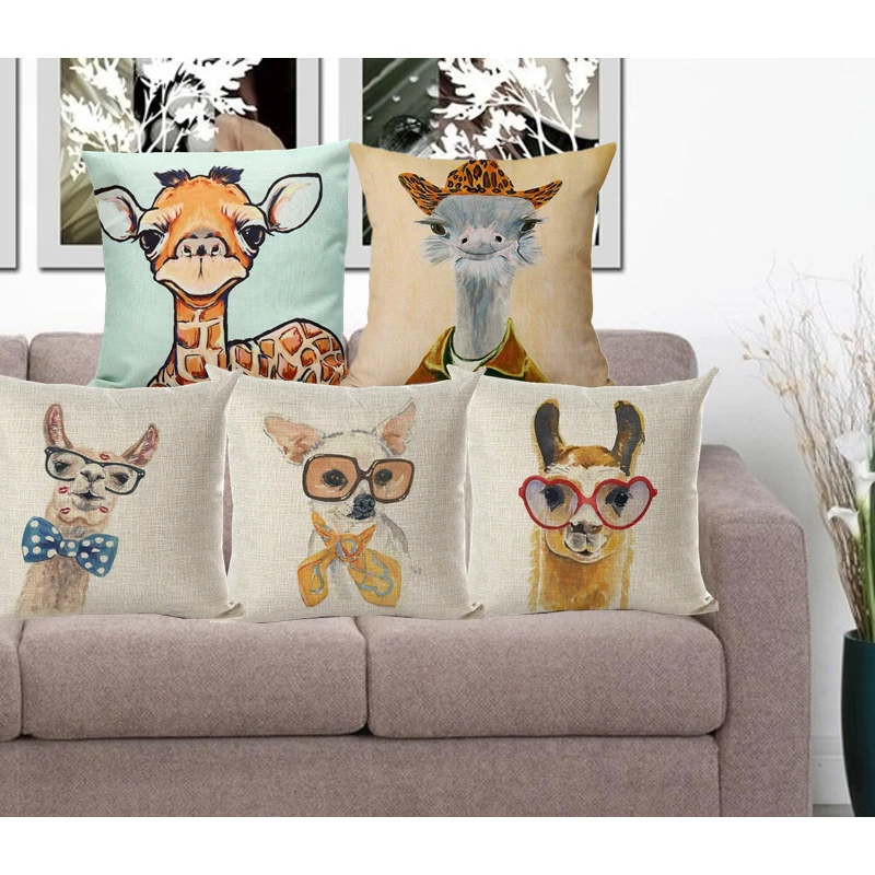Cushion Cover Animal Pillow Case Cotton Linen Pillowcase Alpaca Ostrich Cushion Decorative Throw ...