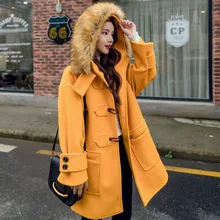 Повседневное тонкое длинное шерстяное пальто с капюшоном с роговыми пуговицами, шерстяное пальто и куртка с карманами, женские пальто на осень и зиму