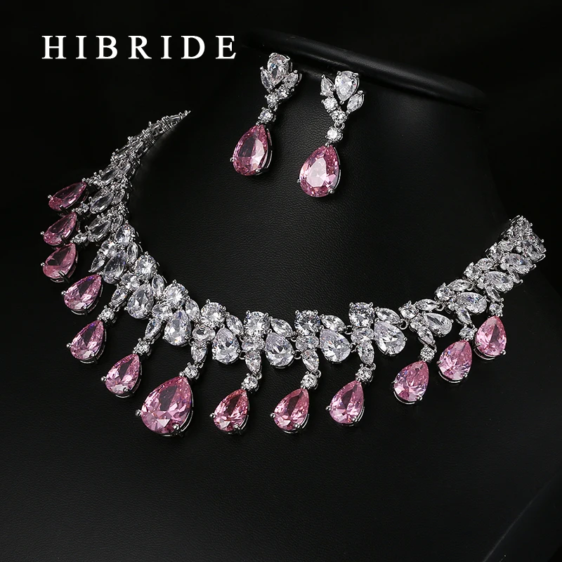 Conjunto de joyería nupcial de Zirconia cúbica AAA con forma de gota de lágrima de alta calidad HIBRIDE, juego de joyas de Color oro blanco N-59 - 2