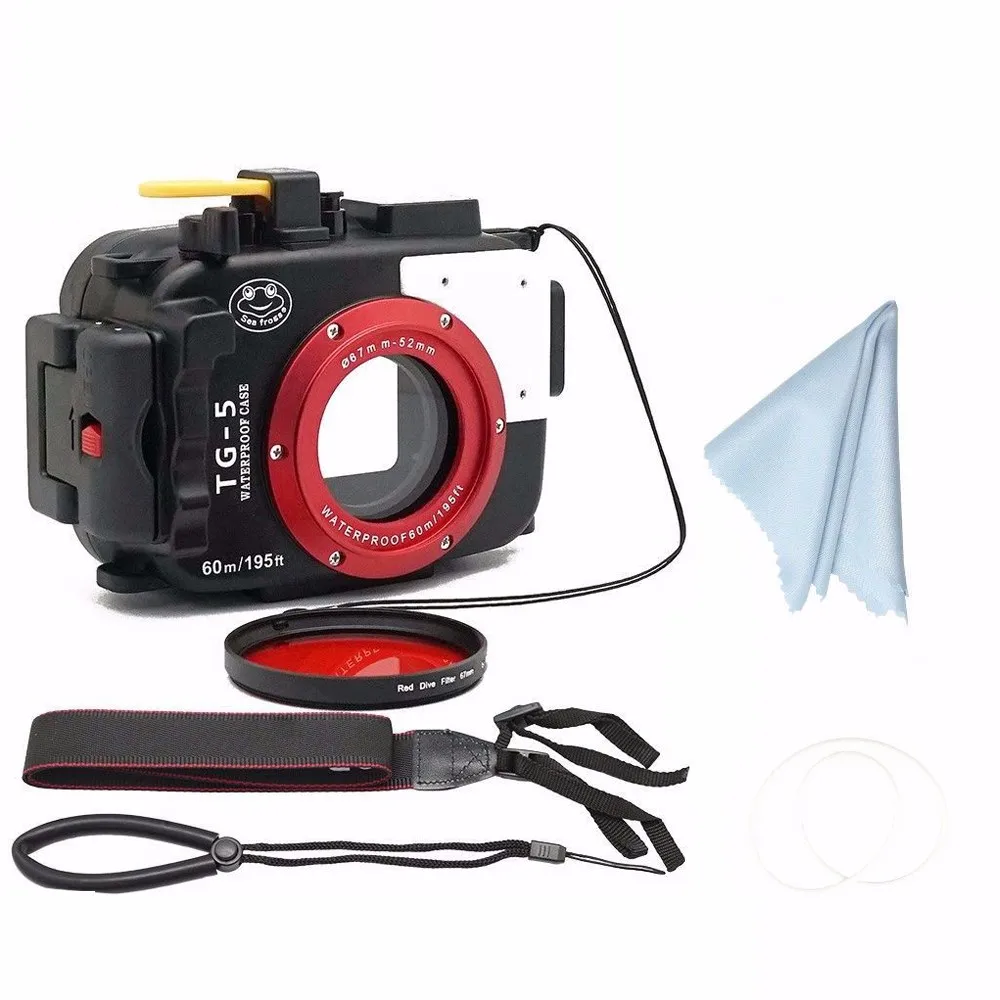 Водонепроницаемый футляр для подводной камеры SeaFrogs 60 m/195ft для Olympus TG5+ 67 мм красный фильтр 3 цвета - Цвет: Черный