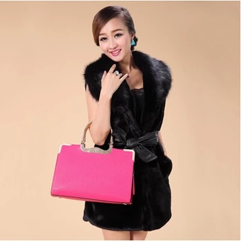 

Spring and Autumn Medium-long Women's Raibbit Fur Coat Fur Gilet Fur Vest Fox Fur Collar Plus Size S-4XL With a Belt
