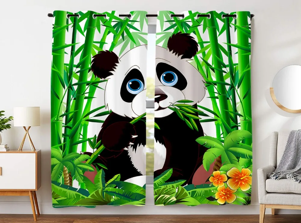 

HommomH Curtains (2 Panel) Grommet Top Darkening Blackout Room Cute Giant Panda Eating Bamboo Green
