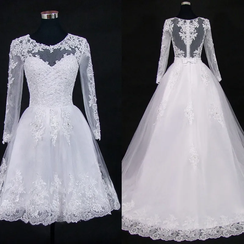 Billige Vestido De Noiva 2019 Kurze Kleid oder 2 em 1 Hochzeit Kleid Lange Ärmel Spitze Illusion Brautkleider