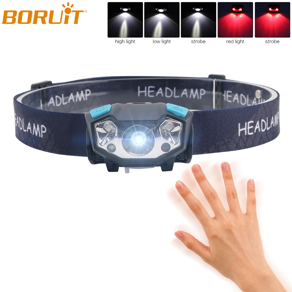 

BORUiT IR Sensor LED Headlamp Flashlight USB Rechargeable Lanterns Portable Waterproof Camping Hunting Head Torch with Battery