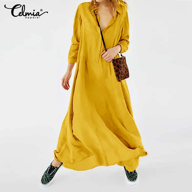 

Celmia 2019 Autumn Women Long Sleeve Shirt Dress Casual Buttons Pleated Long Maxi Dresses Loose Solid Robe Party Vestidos S-5XL