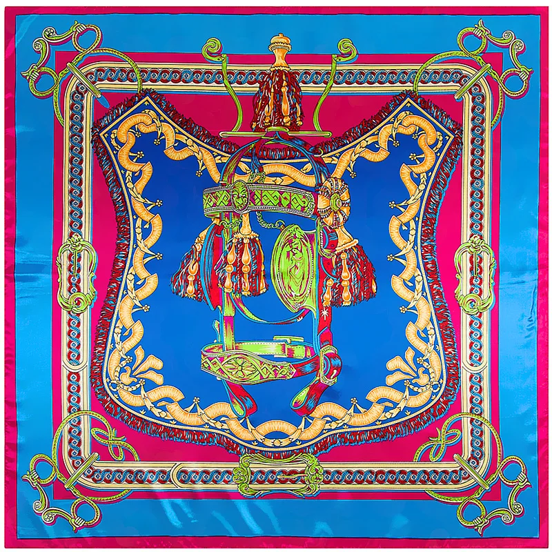 

POBING New Square Hijab Scarf Women Spain Saddle Print Soft Satin Silk Scarves Head Handkerchief Wholesale Shawl Wrap 90x90CM