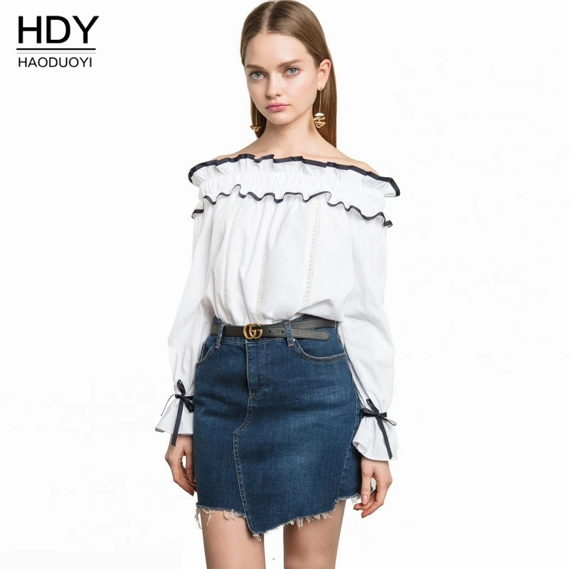Haoduoyi Woman Bluse 2017 New Summer Slash Neck Ruffles Lace up font b Shirt b font