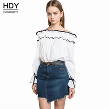 Haoduoyi Woman Bluse 2017 New Summer Slash Neck Ruffles Lace up Shirt Women Tops Office Lady Pretty Style Women Blouses Blusas
