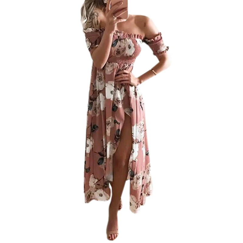 

2019 Summer Women Boho Dresses Floral Printed Slash Neck Sexy Pleated Dress Sundress Beach Vestidos Maxi Long Dress Robe LX332