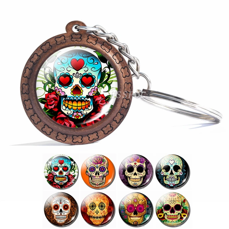 

Mexican Traditional Sugar Skull Keychain The Sugar Skull Photo Cabochon Glass Keychain Wooden Pendant Day of The Dead Jewelry