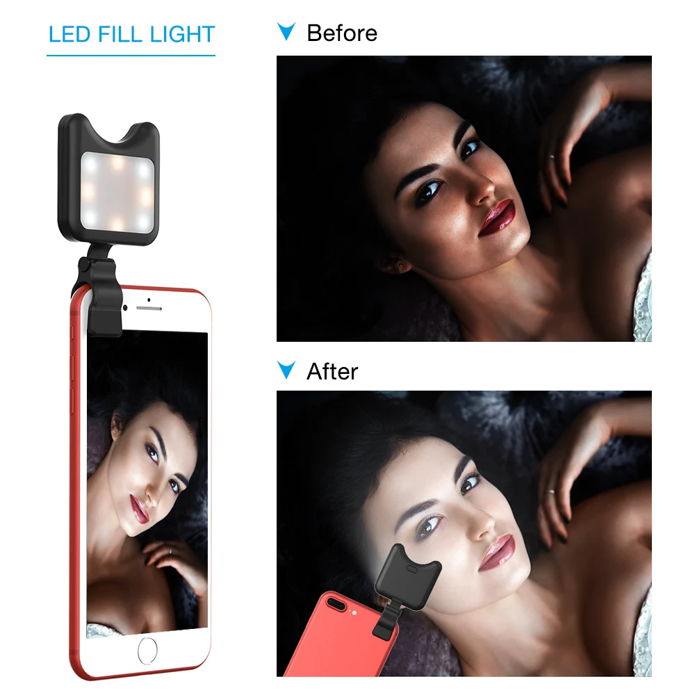 Apexel Universal LED Selfie Flash Light Clip-on Portable Rechargeable 9 Levels Flash Led Light for iPhone Samsung Huawei Tablet