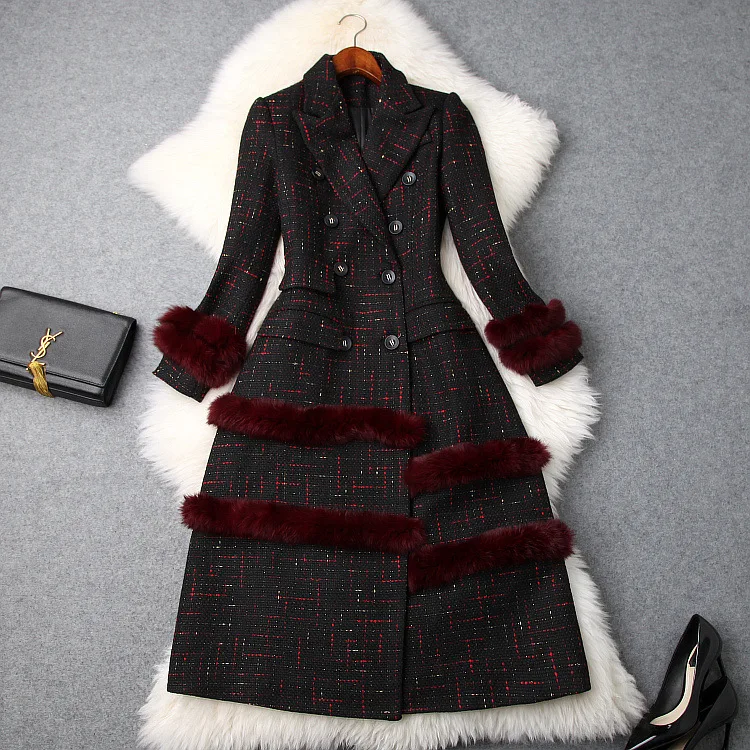 

European and American women's 2018 winter clothing new Long sleeve Stitching rabbit hair double-breasted Tweed coats