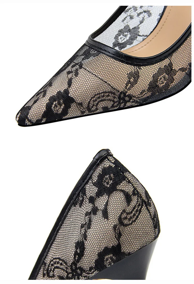 LAKESHI/Новинка года; элегантные кружевные женские туфли-лодочки на высоком каблуке; прозрачные кружевные свадебные туфли с цветочным узором; женская пикантная обувь для вечеринок с острым носком