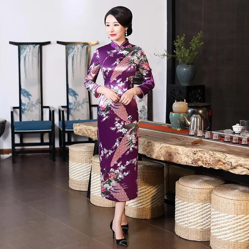 Весна осень Cheongsam китайский женский цветок и Павлин Qipao с длинным рукавом vestidos винтажное женское вечернее свадебное платье S-3XL - Цвет: Long Sleeve Purple