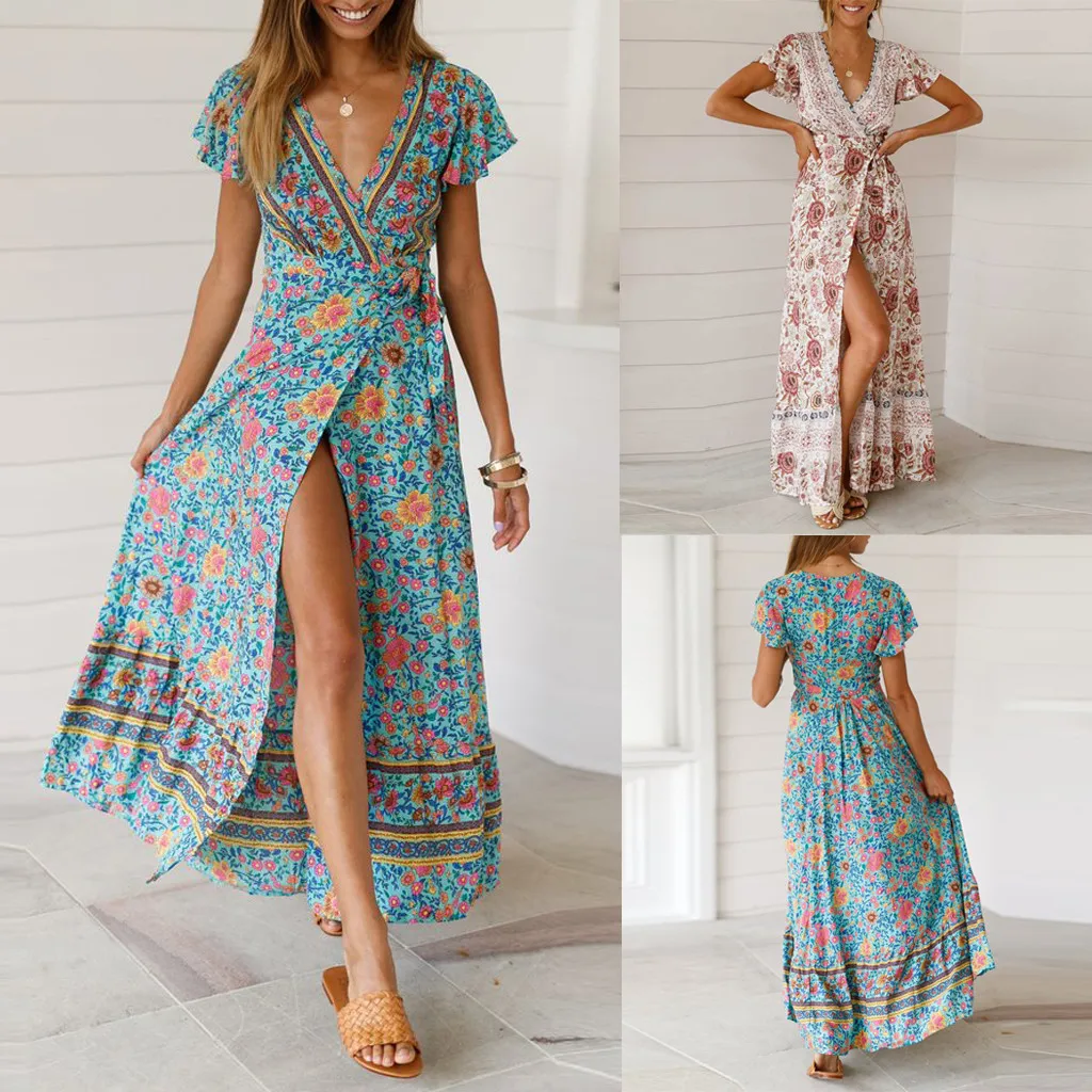 

Summer Womens Boho V-Neck Floral Summer Party Evening Beach Long Dress Sundress