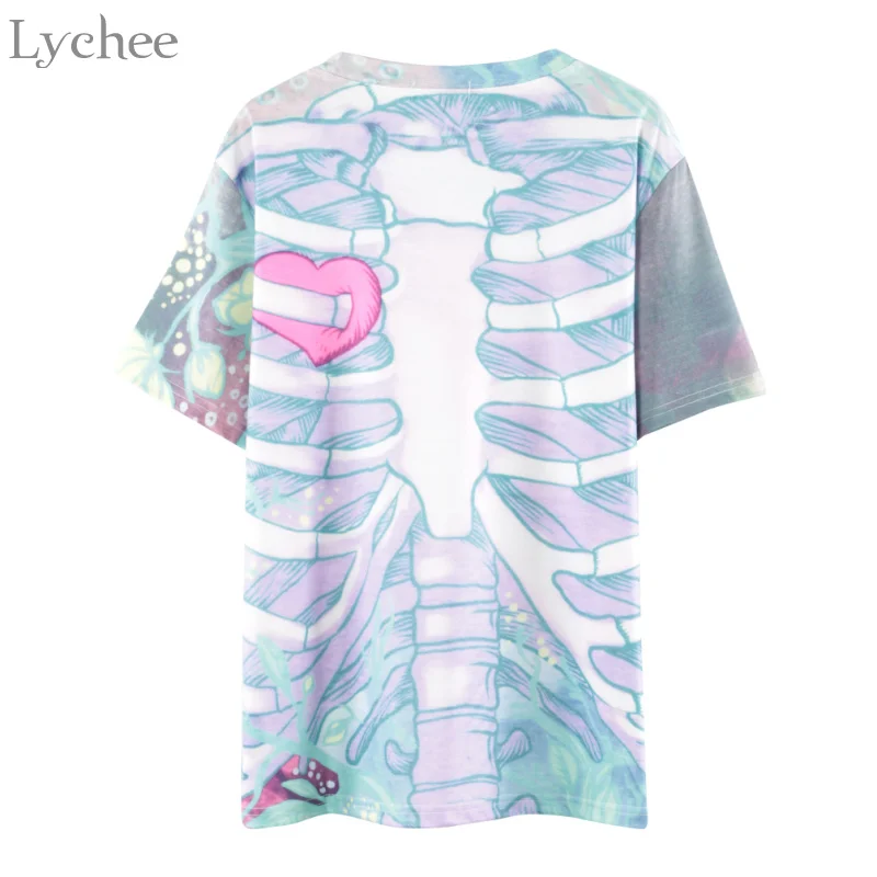 Ceny Lychee Gothic Punk kobiety T Shirt czaszka kości nadruk w kształcie serca Casual luźny t shirt z krótkim rękawem Tee Top kobieta