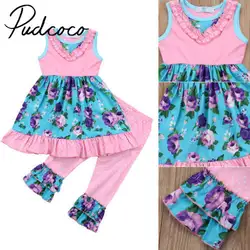 Pudcoco новорожденных Одежда для маленьких девочек Хлопковое платье с цветочным принтом Топы Длинные брюки 1-6Years Helen115
