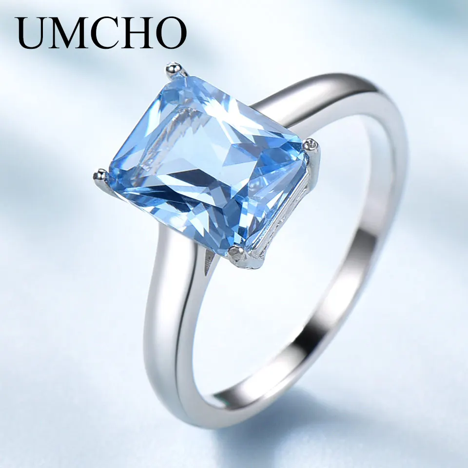 UMCHO Luxury Sky Blue Gemstone Topaz Ring Solid 925 Sterling Silver Wedding Rings for Women Charms Party Fine Jewelry Female UMCHO Luxury Sky Blue Gemstone Topaz Ring Solid 925 Sterling Silver Wedding Rings for Women Charms Party Fine Jewelry Female